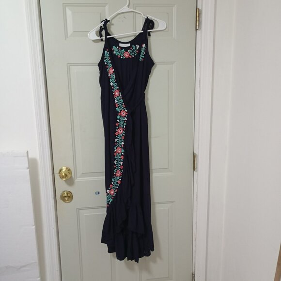 silvia suarez Dresses & Skirts - SILVIA SUAREZ Embroidered Wrap Dress With Adjustable Thin Straps, Blue, Size S